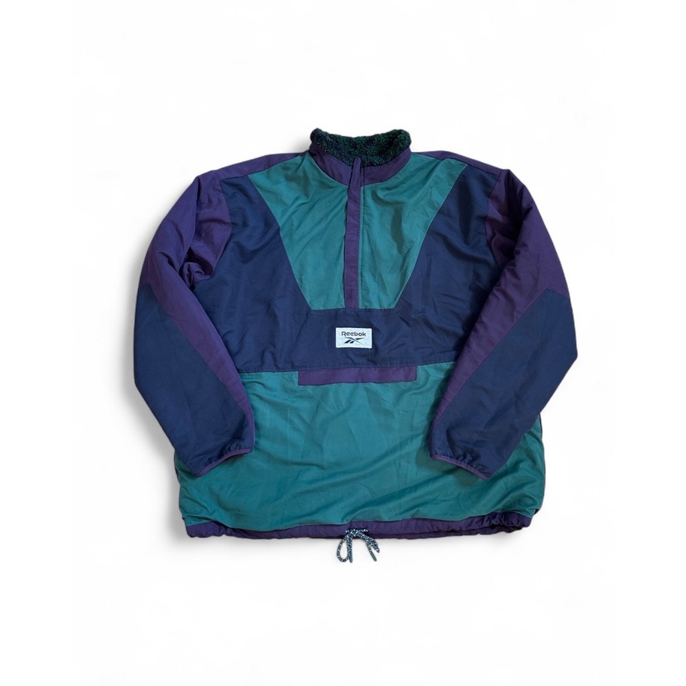 Vintage Y2K Reebok Reversible Winter Fleece Pullover Teal Purple Green 90s L